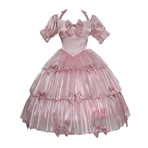 ZZEQYG Elegant Pink Gothic Dress Puff Sleeve Dress with Bows - Medium - Pink-op