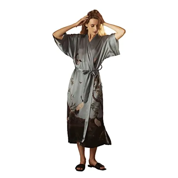 100% Mulberry Silk Long Robe Kimono Floral Print Bath Robe, Heavy Silk 19 Momme Dressing Gown