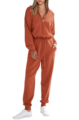 PRETTYGARDEN Women's 2 Piece Sweater Set Pullover Zip Up Sweatshirt Jogger Sweatpants Tracksuit Casual Outfit - Orange Red - Small