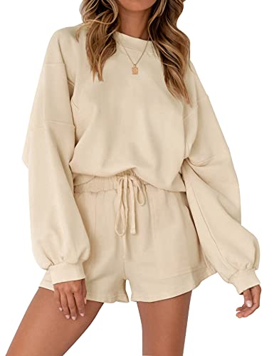 MEROKEETY Women's 2023 Fall Oversized Batwing Sleeve Lounge Sets Casual Top and Shorts 2 Piece Outfits Sweatsuit - Medium - Apricot