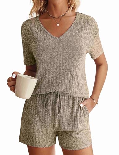 Ekouaer Womens Ribbed Knit Lounge Set Short Sleeve Top and Shorts Sleepwear Pajama Set Two Piece Matching Outfits Set - Small - Khaki