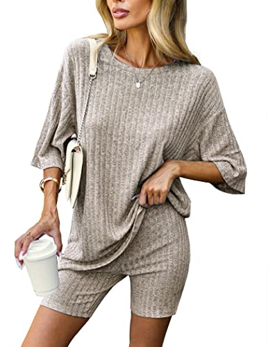 Ekouaer Pajamas 2 Piece Lounge Sets Ribbed Knit Matching Outfits T-shirt Biker Shorts Sleepwear Sweatsuits Regular&Plus - Small - 1-camel