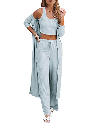 Fessceruna Womens Pajamas Set Fall Winter 3 Piece Loungewear Set Crop Top Loose Pants Cardigan - A-light Blue - Small
