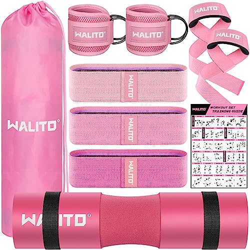 WALITO 10Pcs Barbell Pad Set for Hip Thrust - Squat Pad for Barbell Lunges, Bench Press, with 2 Gym Ankle Straps, 3 Resistance Bands for Working Out, 2 Lifting Strap, Workout Poster, Carry Bag - Pink