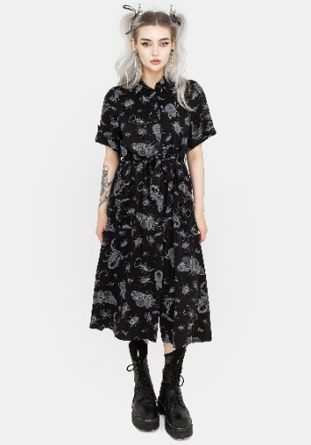 Parasite Bugs Short Sleeve Midi Shirt Dress - Black | UK 8