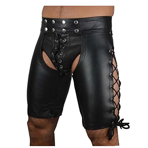 FASHION QUEEN Men's Sexy Faux Leather Pants Open Butt Briefs Lace Up Boxer Shorts Underwear