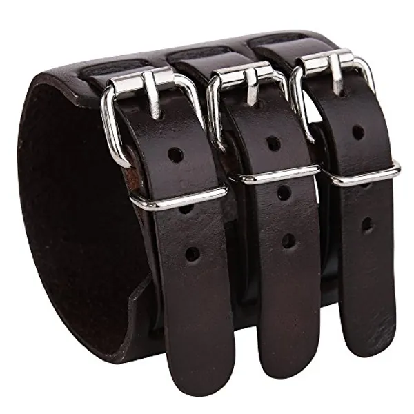 Ever Faith Men's Black Leather Cuff Bracelet, Leather Wrist Band Wristband 3 Layer Mens Bracelets Handcrafted Jewelry