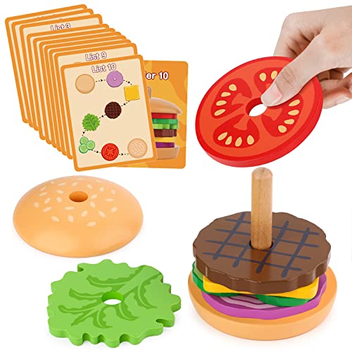 Aizweb Montessori, Stacking Toys- Wooden Burger for 3 Year Old Toddlers and Kids Preschool, Fine Motor Skill Educational Learning Toy, Blocks for Toddlers Gift
