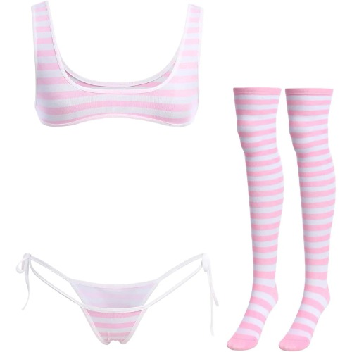 Striped Anime Micro Bikini Sets - Pink Tank Style