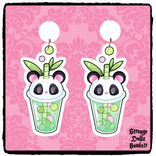 Cute Panda earrings, 925 sterling silver, Bubble Tea, Cute pastel, Strange Dollz Boudoir