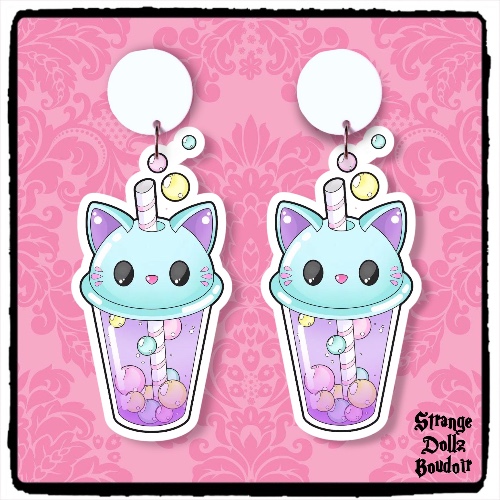 Cute cat earrings, 925 sterling silver, cat drinking cup, Cute pastel, Strange Dollz Boudoir