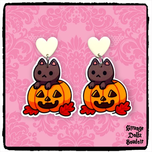 Cute cat and pumpkin earrings, 925 sterling silver, Halloween, Cute pastel, Strange Dollz Boudoir