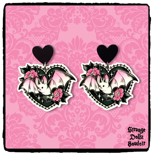 Bat earrings, 925 sterling silver, Cute gothic jewellery, Pastel Goth, Strange Dollz Boudoir