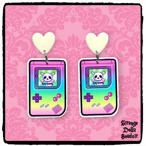 Cute Retro Gaming Skull Pastel Goth earrings, 925 sterling silver, Cute Pastel Spooky, Strange Dollz Boudoir