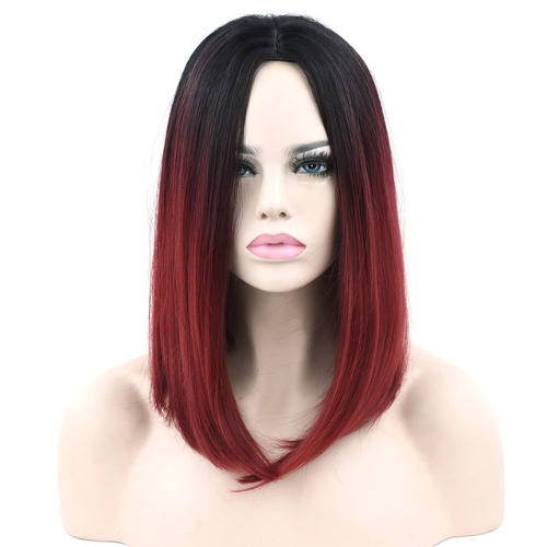 Ombre Medium Length Wigs | Dark Red