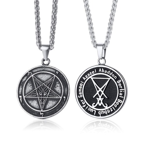 Jakob Miller Stainless Steel Sigil of Baphomet Samael-Lilith Inverted Pentacle Pentagram with Sigil of Lucifer Satanic Symbol Necklace