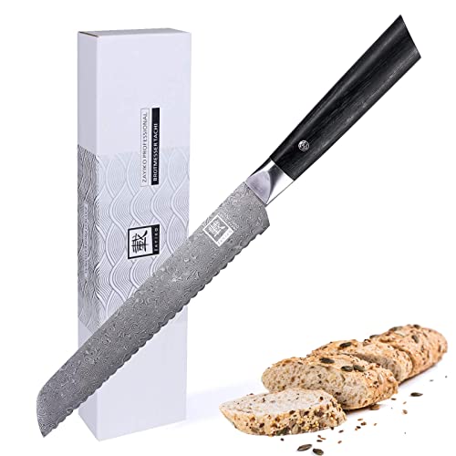 zayiko Black Edition Damastmesser Brotmesser | Scharfe 20 cm Klinge mit Wellenschliff aus 67 Lagen edlem dunklen Damaststahl & Pakkaholzgriff | Premium Küchenmesser & Profi Kochmesser - Brotmesser