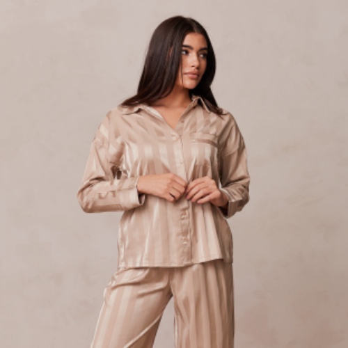 Striped Satin Pyjama Skjorte - Mink | XS