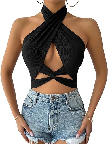 Verdusa Women's Twist Front Cut Out Sleeveless Wrap Crop Halter Top - Medium - Black