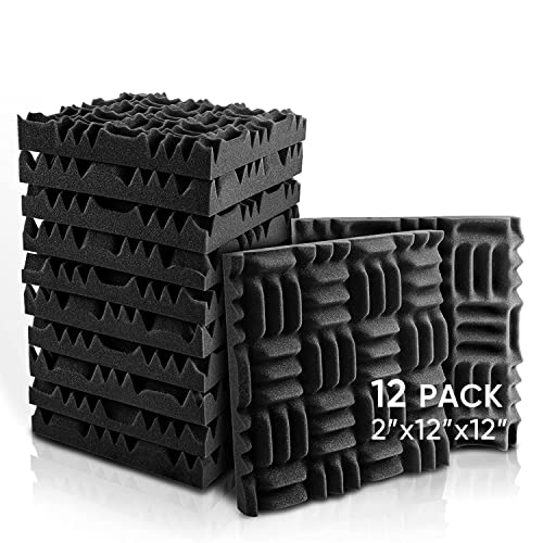 12 Pack - Acoustic Foam Panels, 2" X 12" X 12" Studio Wedge Tiles, Sound Panels wedges Soundproof Sound Insulation Absorbing for Home and Office - 12 Pack - Black(Mixed)
