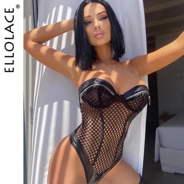 9.99US $ 50% OFF|Ellolace Sensual Fishnet Bodysuit Women Latex Exotic Costumes Sexy Hollow Out Halter Bodycon Hot Lingerie Sissy Zipper Body - Teddies & Bodysuits - AliExpress