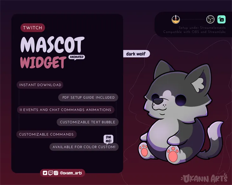 DARK WOLF Mascot / Stream Pet for Twitch or Youtube | Cute animated customizable widget | Streamelements widget for OBS/Streamlabs