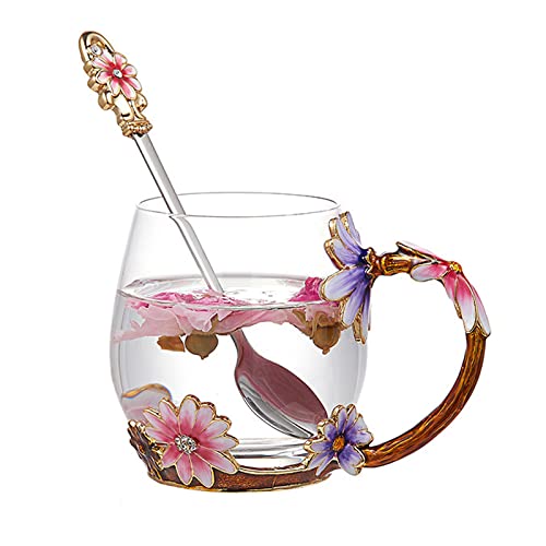evecase Enamels Daisy Flower Tea Cup/Coffee Mug with Spoon Set, Gifts for Women/Wife/Mum/Teacher/Friends,Mothers Day Gifts,Birthday Gifts for Her,Christmas Gifts for Women,Pretty Mug(Purple) - Purple