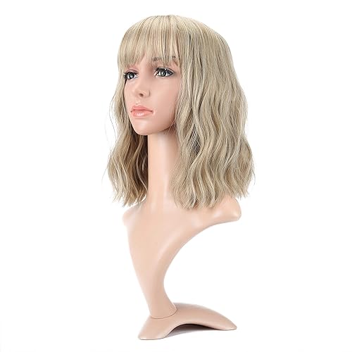 VCKOVCKO Natural Blonde Wigs With Air Bangs for Women Women's Shoulder Length Wigs Curly Wavy Synthetic blonde wig with bang Wigs Blonde Wig for White Women Girls Colorful Wigs(12", Mix Blonde) - B-Mix Blonde