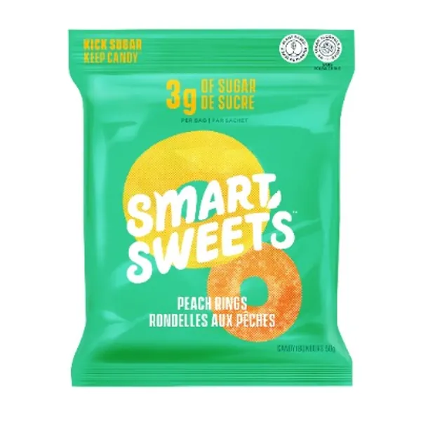 SmartSweets Peach Rings, Candy with Low Sugar (3g), Low Calorie, Plant-Based, Free From Sugar Alcohols, No Artificial Colours or Sweeteners, Pack of 12, New Juicy Recipe