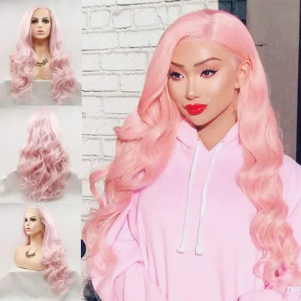 Karissa Pink Synthetic Lace Front Wigs for Women Natural Hairline Long Wave Curly Synthetic Hair Wig with Baby Hair Cheap Frontal Lace Wig with Side Part Glueless Hair Replacement Wigs Half Hand