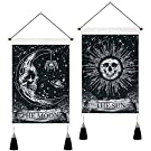 Yugarlibi 2er Set Mond und Sonne Wandbehang mit Quasten, Gothic Skeleton Kleine Wandteppich, Schwarz Weiße Wandtuch für Schlafzimmer Wohnzimmer, 35x50 cm
