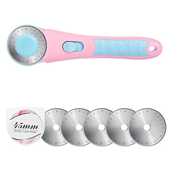 Headley Tools Rotary Cutter with 5pcs 45mm Rotary Blade, Bearing Design Rolling Cutter with Safety Lock for Fabric Sewing Quilting Cloth Leather Paper and Arts & Crafts(Pink)