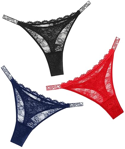 Avidlove Lace Thongs for Women with Rhinestone-Embellished Strap Cheeky Underwear Sexy Panties 1-3 Pack - Black+navy Blue+red - XX-Large