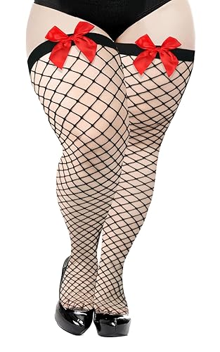 Moon Wood Plus Size Fishnet Stockings with Bows Stay up Lingerie Thigh High Stockings for Women Valentine's Day Dress - One Size Plus - Black/Red Bow