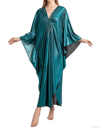 Bsubseach Kaftan Dresses for Women Sparkly Glitter Batwing Sleeve Kaftan Cover Up Beach Maxi Dress Loungewear - Green - One Size