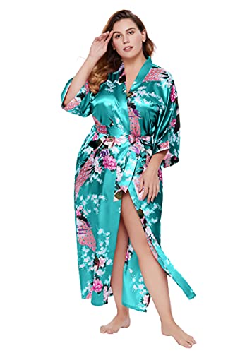 BABEYOND Women's Kimono Robe Long Robes with Peacock and Blossoms Printed Kimono Nightgown - One Size Plus - Dark Green