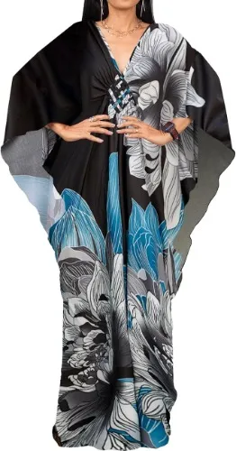 Bsubseach Women Ethnic Print Kaftan Beach Dress Plus Size Swimsuit Cover Up - F-grey Blue Print