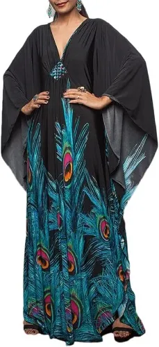 Bsubseach Women Ethnic Print Kaftan Beach Dress Plus Size Swimsuit Cover Up - F-peacock Print