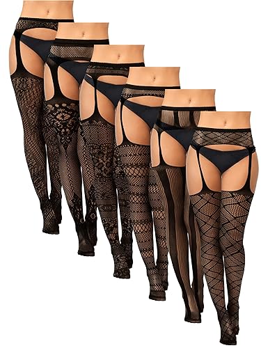Jadive 6 Pairs Women Plus Size Fishnet Thigh High Stockings Suspender Garter Belt Lingerie Pantyhose Tights Fits XL-XXXXL - Black - Fishnet