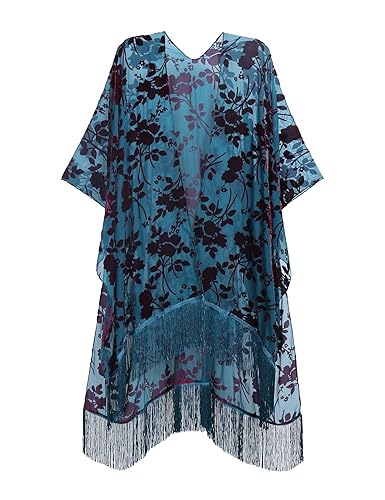 WeHello Women's Burnout Velvet Kimono Long Cardigan Cover Up with Tassel Teal/Red