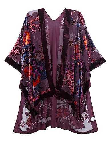 WeHello Women's Burnout Velvet Kimono Long Cardigan Cover Up Without Tassel (Wine/Bord)…