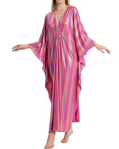 Bsubseach Kaftan Dresses for Women Sparkly Glitter Batwing Sleeve Kaftan Cover Up Beach Maxi Dress Loungewear - Multicolour1 - One Size