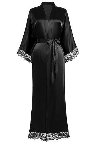 BABEYOND Satin Kimono Robe Silky Long Bridesmaid Wedding Lightweight Bath Robe with Lace Trim - One Size Plus - Black