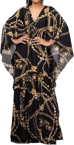 Bsubseach Women Ethnic Print Kaftan Beach Dress Plus Size Swimsuit Cover Up - F-black Chain