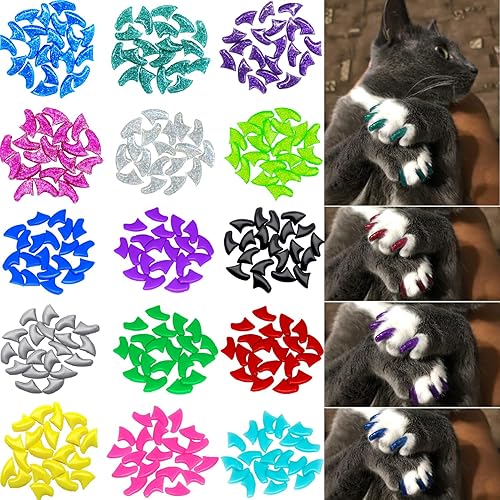 VICTHY 160pcs(16 Colors) Cat Nail Caps Cat Claw Caps Cat Nail Covers with Adhesives and Applicators (Small) - Small