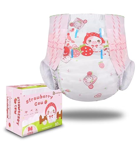 Landofgenie Adult Diapers Large Overnight Printed Diaper with Tabs 10 Pieces - Strawberry Cow (Medium 28"-38") - Pink - Medium