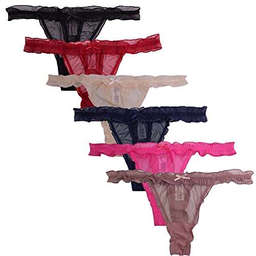 UWOCEKA 6 Pack Sexy Women's Thongs Ruffle Frilly Mesh Panties Transparent Underwear - 6pcs-007 Small