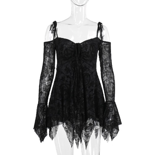 Gothic Style Asymmetric Hem Long Sleeve Dress - black / S
