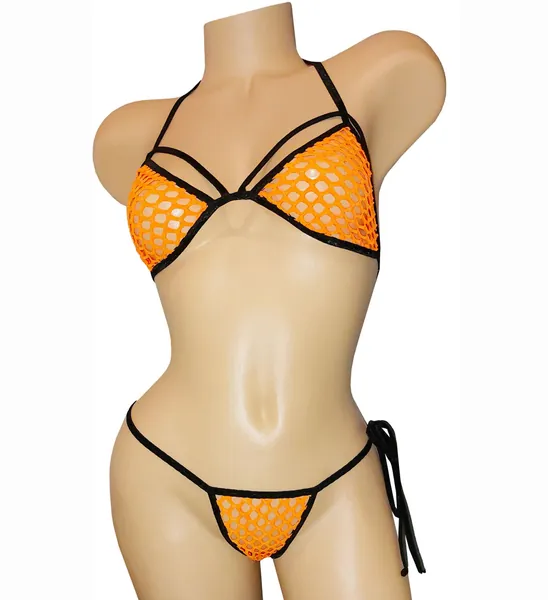 Neon Fishnet See thru Set:  Adjustable tie side thong & strappy bikini top - Stripper outfits Cute rave clothes or Exotic dancer wear design