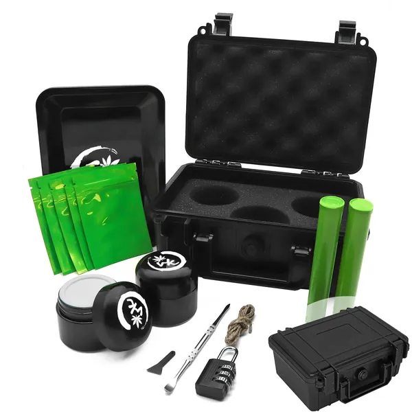 Smell Proof Storage Box - ABS Plastic Storage Container with Lock - Portable Waterproof Box - Black Padded Storage Box - 14 Piece Accessories Kit Set Suit for Travel Gifts -